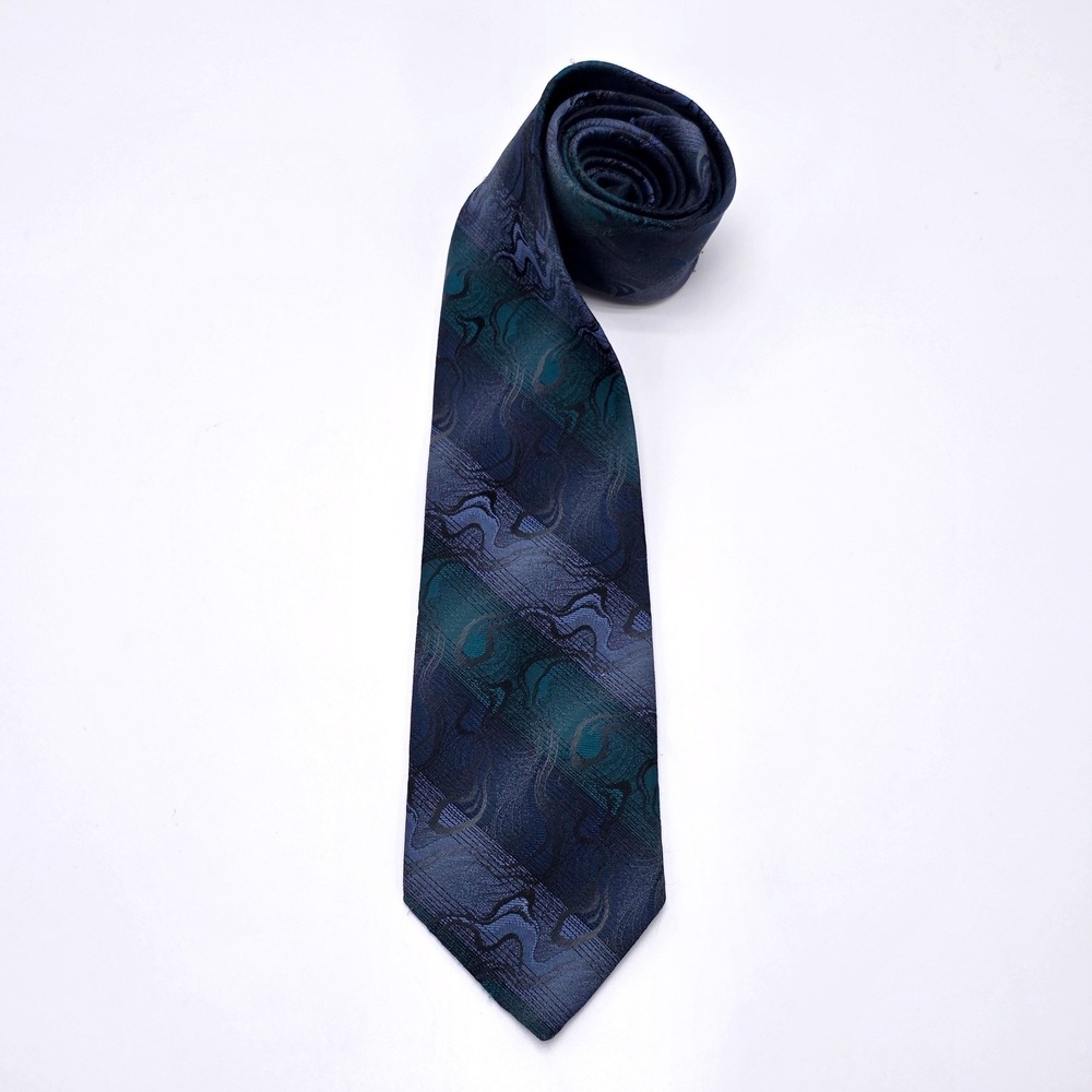 Reed St James Mens Navy Teal Abstract Swirl Diagonal Stripe Necktie Classic Tie